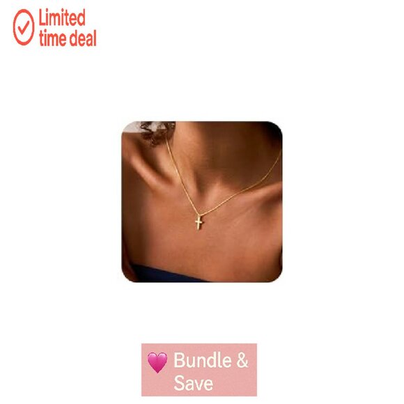 Dainty 14K Gold Plated Cross Pendant Necklace 18"+2.5" Extender - Picture 2 of 8